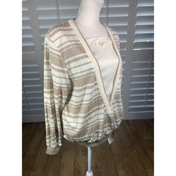 New Vtg Cricket Lane Top Blouse M Ivory/Tan Stripe Swiss Chalet Cottage 80s Sear - Picture 2 of 12